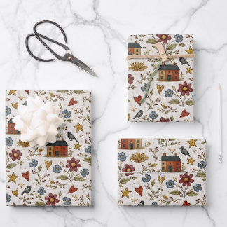 Folk Cottage Hearts Garden Pattern Wrapping Paper Sheets