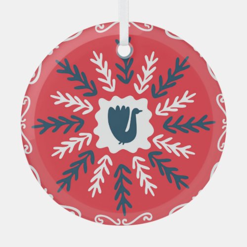 Folk Doodle Art Christmas Tile Glass Ornament