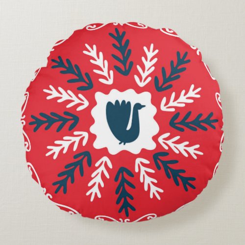 Folk Doodle Art Christmas Tile Round Pillow