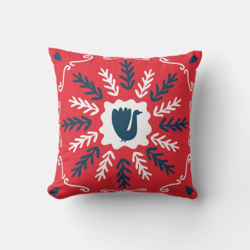 Folk Doodle Art Christmas Tile Throw Pillow