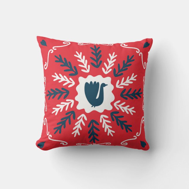 Folk Doodle Art Christmas Tile Throw Pillow (Front)