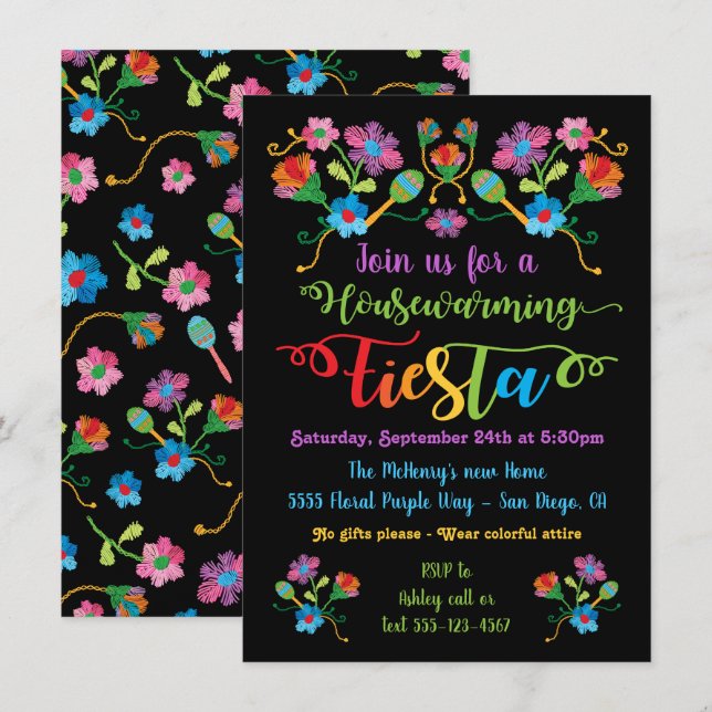 Folk Embroidery Mexican Fiesta Housewarming party Invitation (Front/Back)