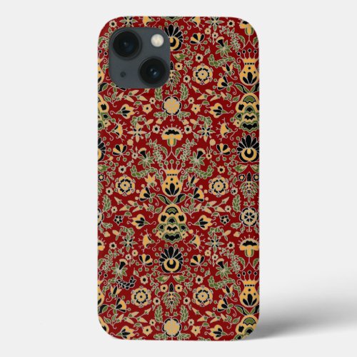 Folk Embroidery Yellow Green Black on Deep Red iPhone 13 Case
