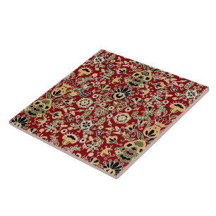 Folk Embroidery Yellow, Green, Black on Deep Red Ceramic Tile