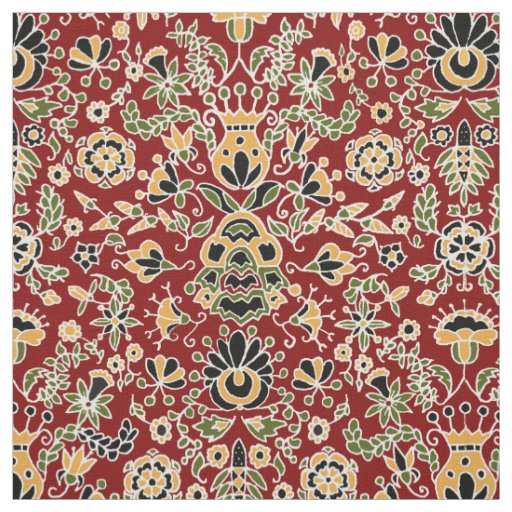 Folk Embroidery Yellow, Green, Black on Deep Red Fabric