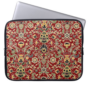 Folk Embroidery Yellow, Green, Black on Deep Red Laptop Sleeve