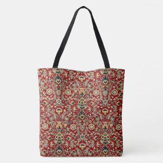 Folk Embroidery Yellow, Green, Black on Deep Red Tote Bag