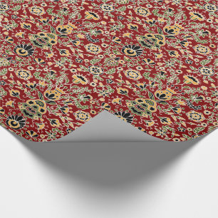 Folk Embroidery Yellow, Green, Black on Deep Red Wrapping Paper