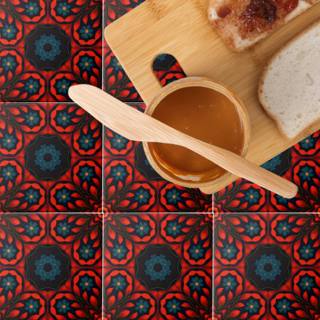 Folk Ethnic Red Black Blue Floral Pattern