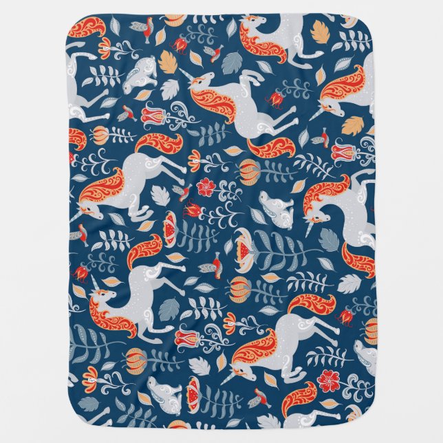 Folk Fantasy: Unicorns, Rabbits, Birds Baby Blanket (Front)