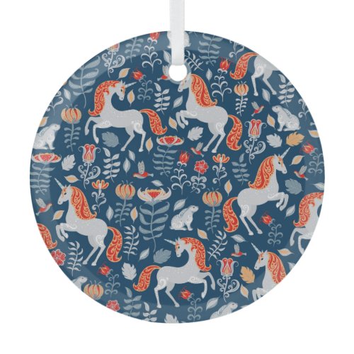 Folk Fantasy: Unicorns, Rabbits, Birds Glass Ornament