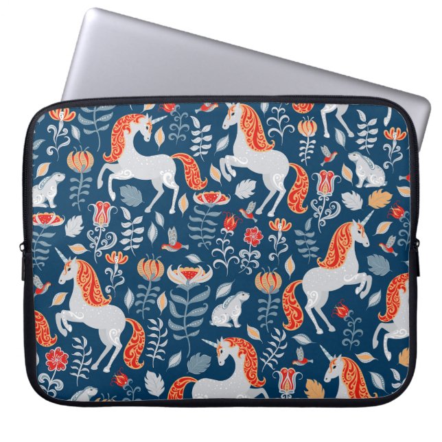 Folk Fantasy: Unicorns, Rabbits, Birds Laptop Sleeve (Front)