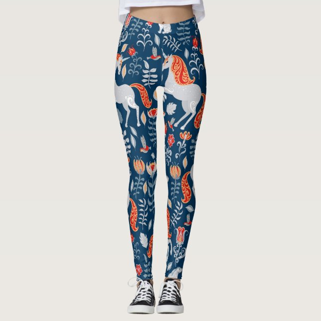 Folk Fantasy: Unicorns, Rabbits, Birds Leggings (Front)