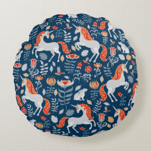 Folk Fantasy: Unicorns, Rabbits, Birds Round Pillow