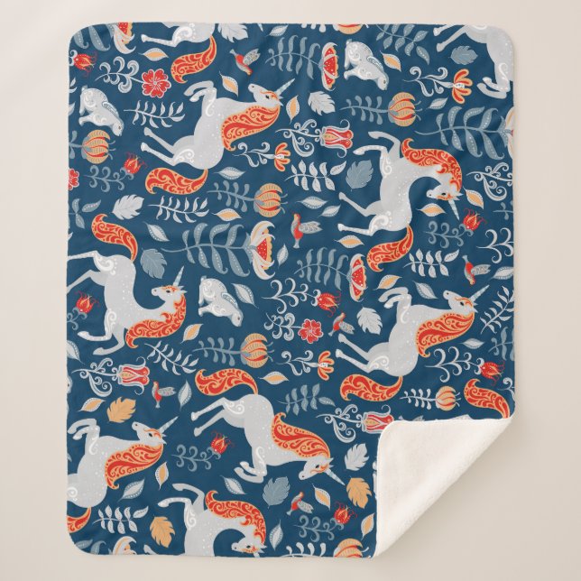 Folk Fantasy: Unicorns, Rabbits, Birds Sherpa Blanket (Front)