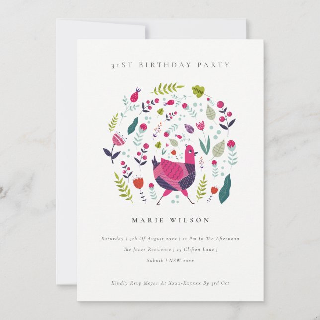 Folk Farm Floral Bird Any Age Birthday Invite (Front)