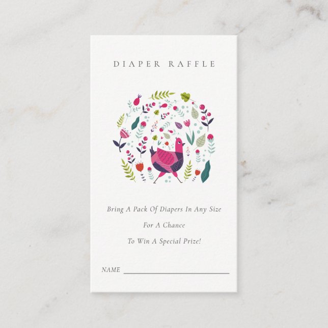 Folk Farm Floral Birdie Diaper Raffle Baby Shower Enclosure Card (Front)