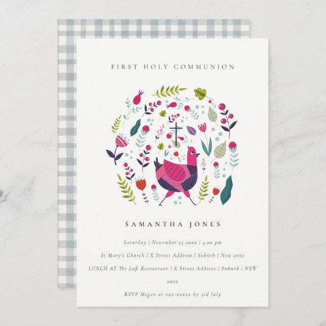 Folk Farm Floral Birdie First Communion Invite (Front/Back)