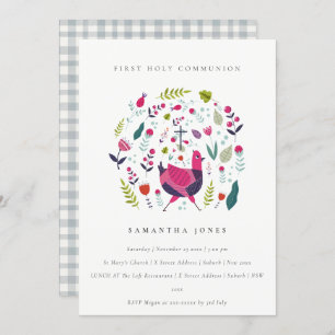 Folk Farm Floral Birdie First Communion Invite
