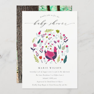 Folk Farm Floral Birdie Photo Baby Shower Invite