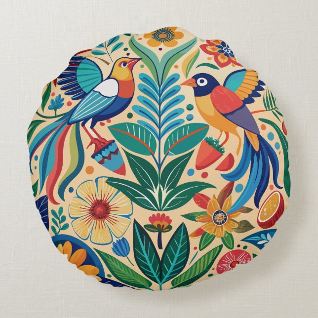 Folk Flora & Fauna Round Pillow (Back)