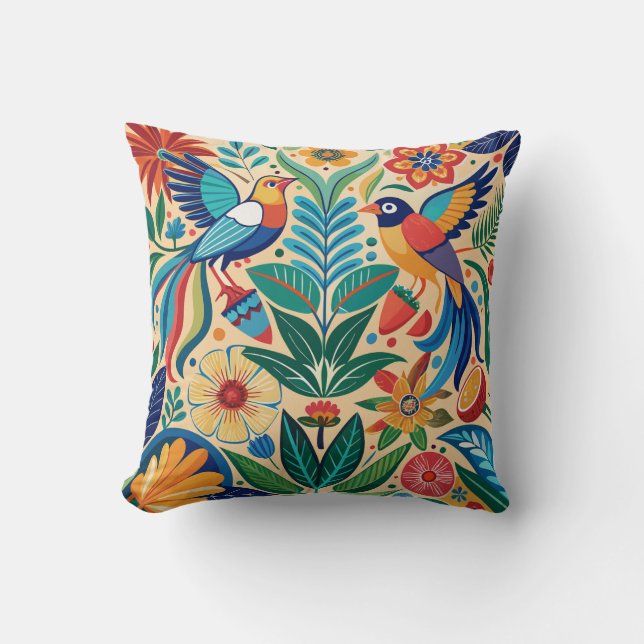 Folk Flora & Fauna Throw Pillow (Front)