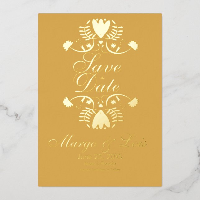 Folk Flora Save the Date Pressed   Foil Invitation (Front)