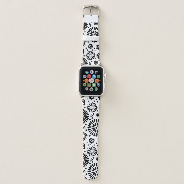 Folk Floral Black and White Flowers Boho Chic Apple Watch Band (Front)