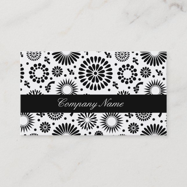 Folk Floral Black and White Flowers Boho Chic Business Card (Front)