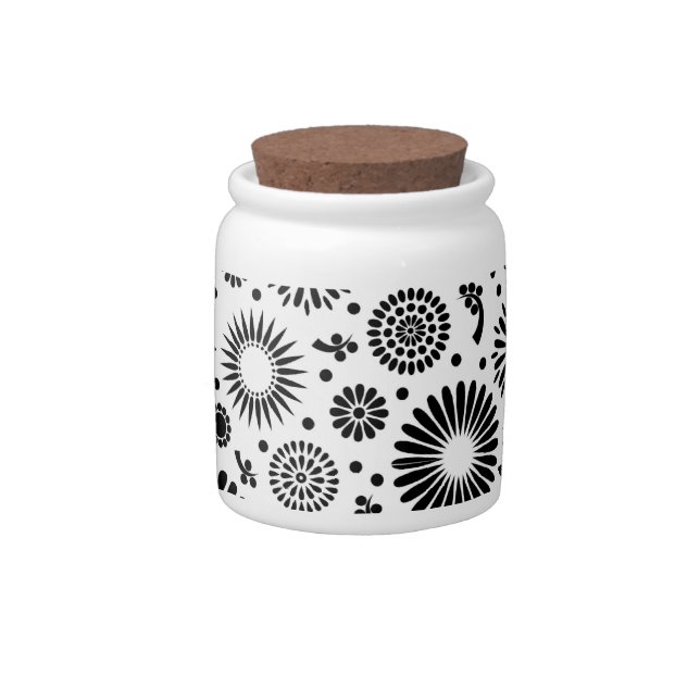 Folk Floral Black and White Flowers Boho Chic Candy Jar (Right)