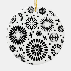 Folk Floral Black and White Flowers Boho Chic Ceramic Ornament