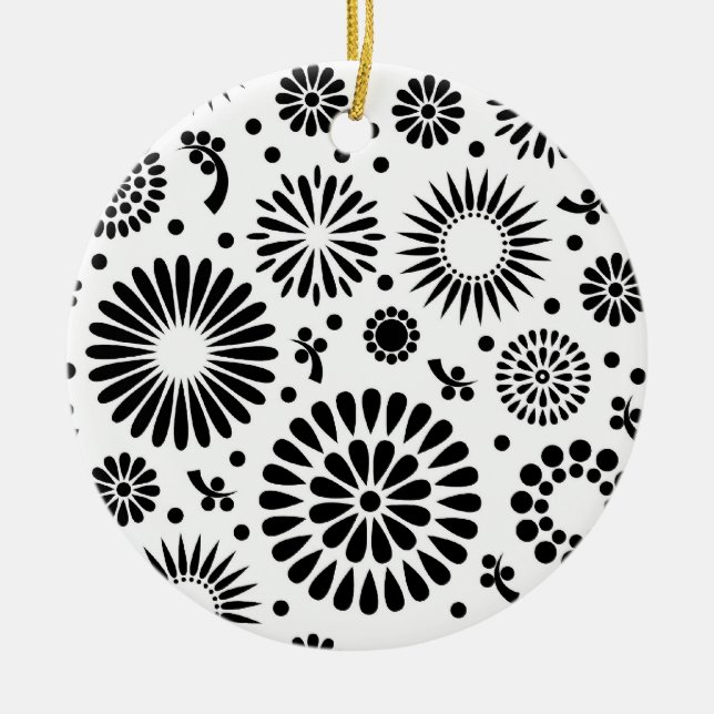 Folk Floral Black and White Flowers Boho Chic Ceramic Ornament (Front)