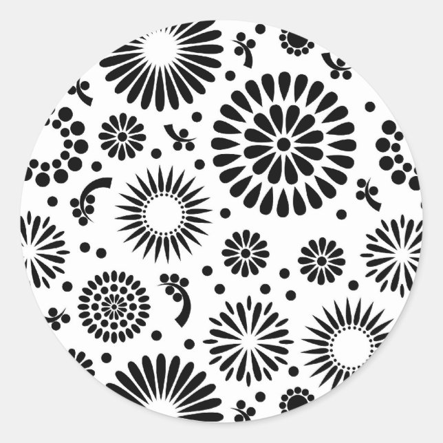 Folk Floral Black and White Flowers Boho Chic Classic Round Sticker (Front)