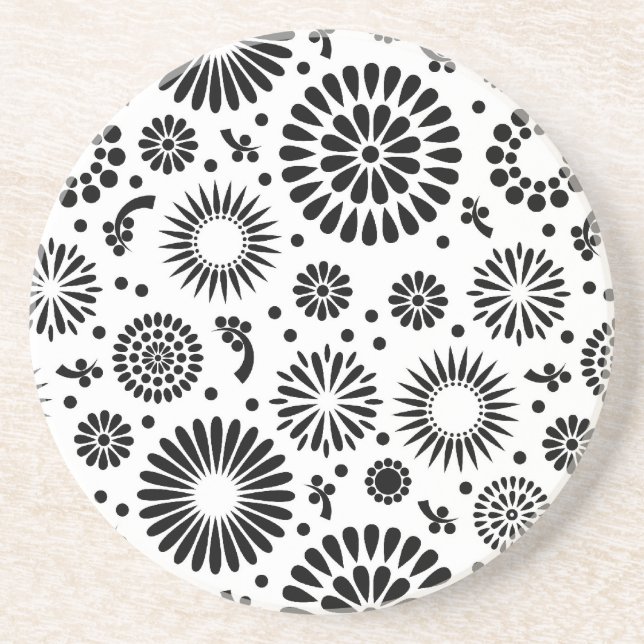 Folk Floral Black and White Flowers Boho Chic  Drink Coaster (Front)