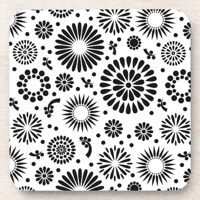 Folk Floral Black and White Flowers Boho Chic  Drink Coaster (Front)