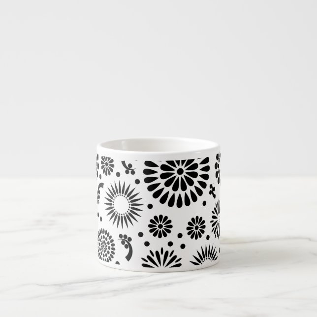 Folk Floral Black and White Flowers Boho Chic Espresso Cup (Front)