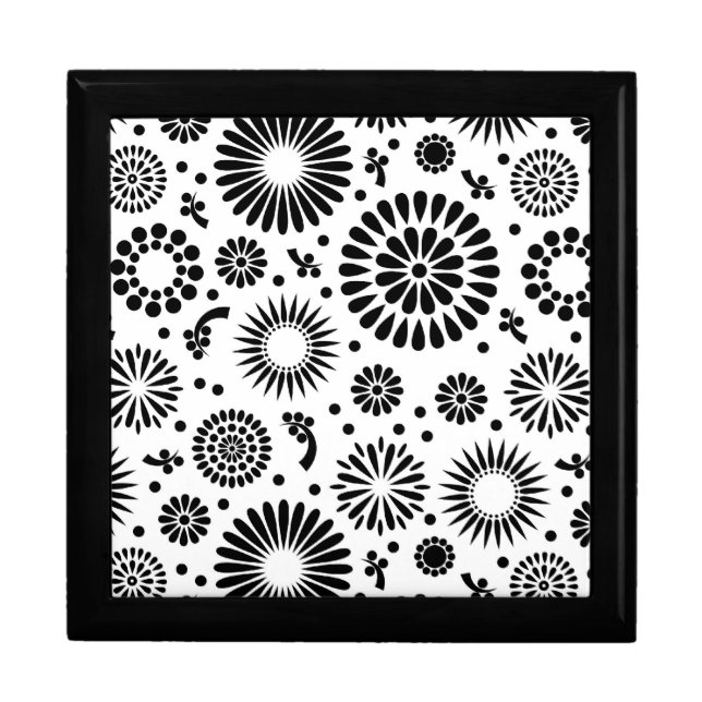 Folk Floral Black and White Flowers Boho Chic Jewelry Box (Front)