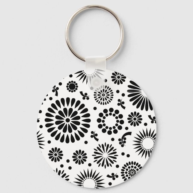 Folk Floral Black and White Flowers Boho Chic  Keychain (Front)