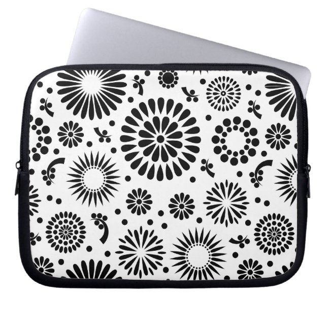 Folk Floral Black and White Flowers Boho Chic Laptop Sleeve (Front)