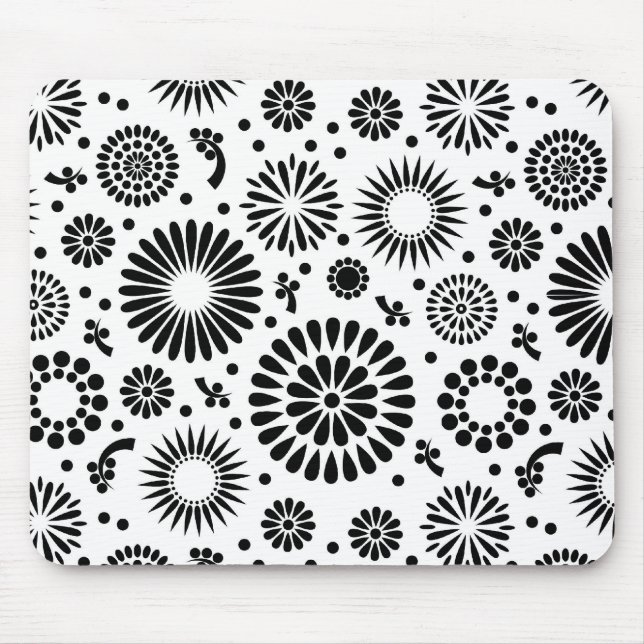 Folk Floral Black and White Flowers Boho Chic Mouse Pad (Front)