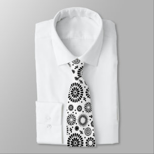 Folk Floral Black and White Flowers Boho Chic Neck Tie