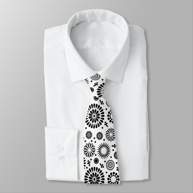 Folk Floral Black and White Flowers Boho Chic Neck Tie (Tied)
