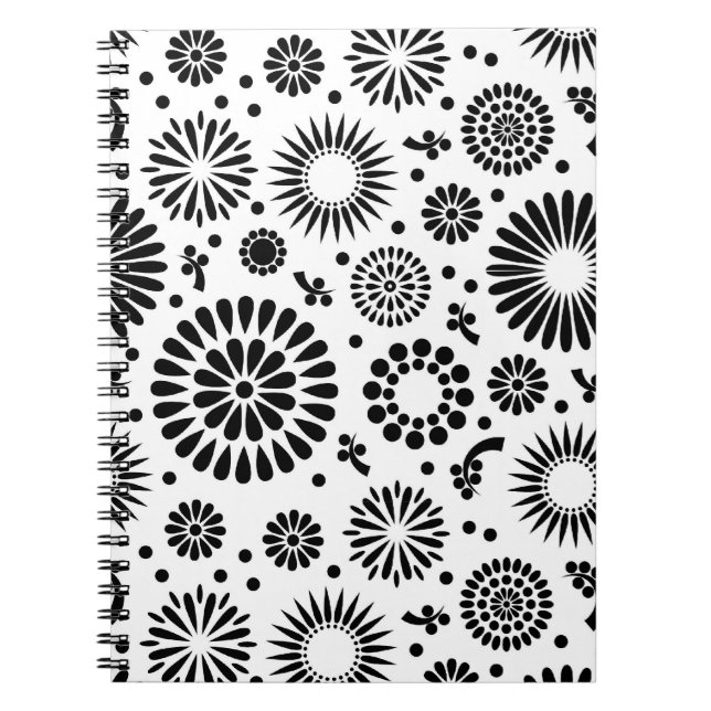 Folk Floral Black and White Flowers Boho Chic Notebook (Front)
