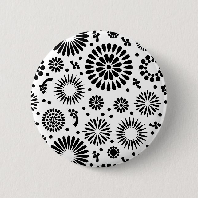 Folk Floral Black and White Flowers Boho Chic  Pinback Button (Front)