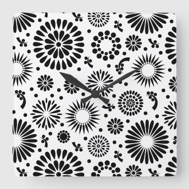 Folk Floral Black and White Flowers Boho Chic Square Wall Clock (Front)