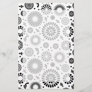 Folk Floral Black and White Flowers Boho Chic Stationery