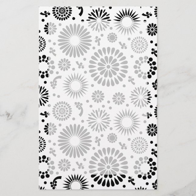 Folk Floral Black and White Flowers Boho Chic Stationery (Front)