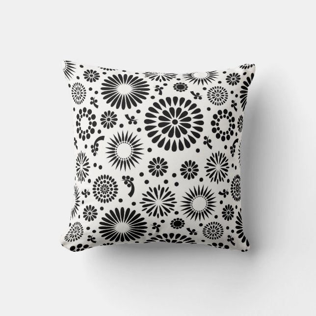 Folk Floral Black and White Flowers Boho Chic Throw Pillow (Front)