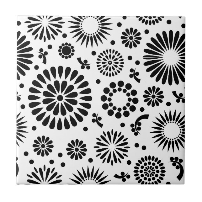 Folk Floral Black and White Flowers Boho Chic Tile (Front)