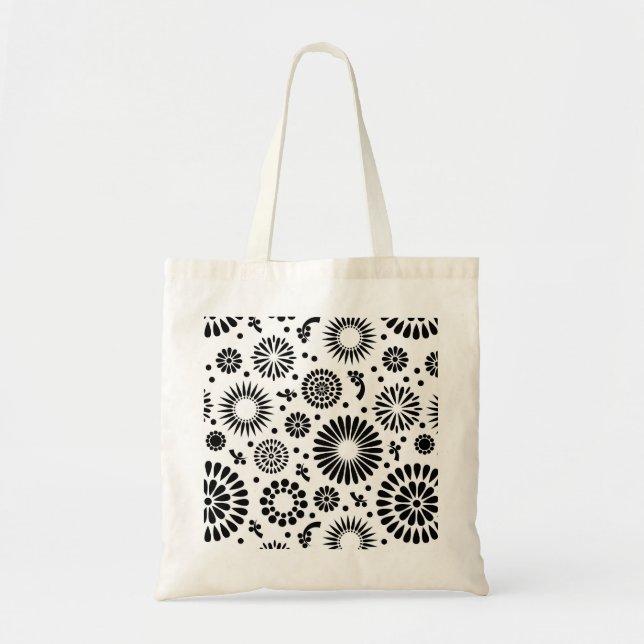 Folk Floral Black and White Flowers Boho Chic Tote Bag (Front)